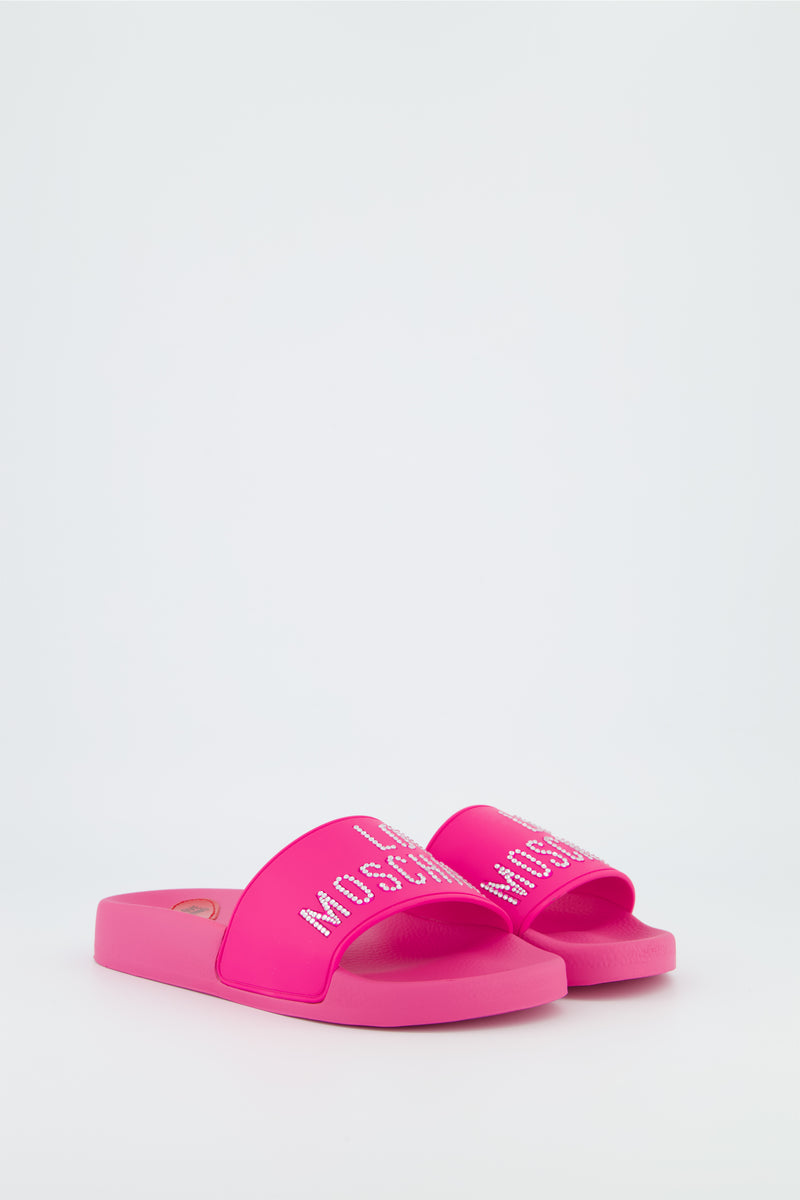 Women s Love Moschino Pink Crystal Logo Pool Slides ODs Designer