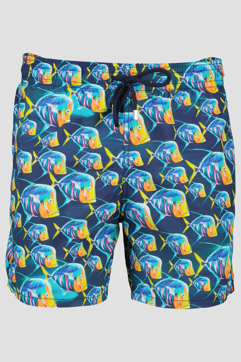 Wave Zone Men's Fish Print Swim Shorts - Orange & Blue - Size Large